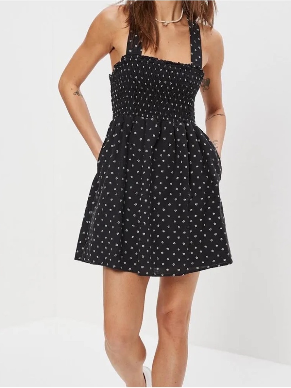 American Eagle Outfitters smocked cross-back mini dress